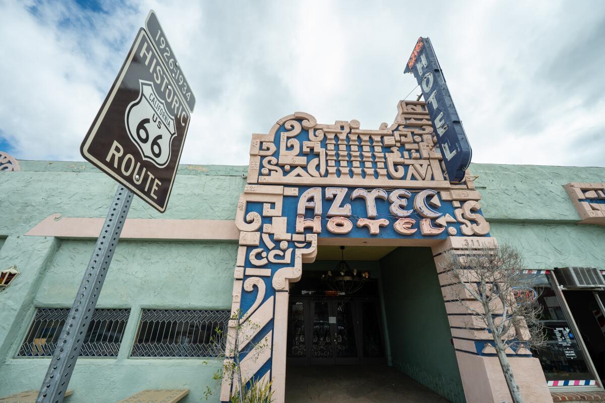 Exterior of the Aztec Hotel on Foothill Boulevard in Monrovia.