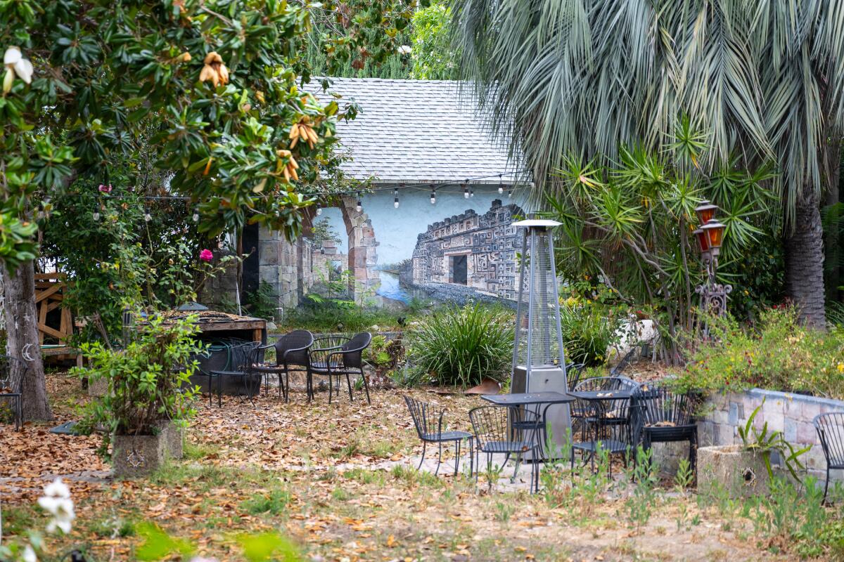 The courtyard at the hapless and ill-fated Aztec Hotel in Monrovia.