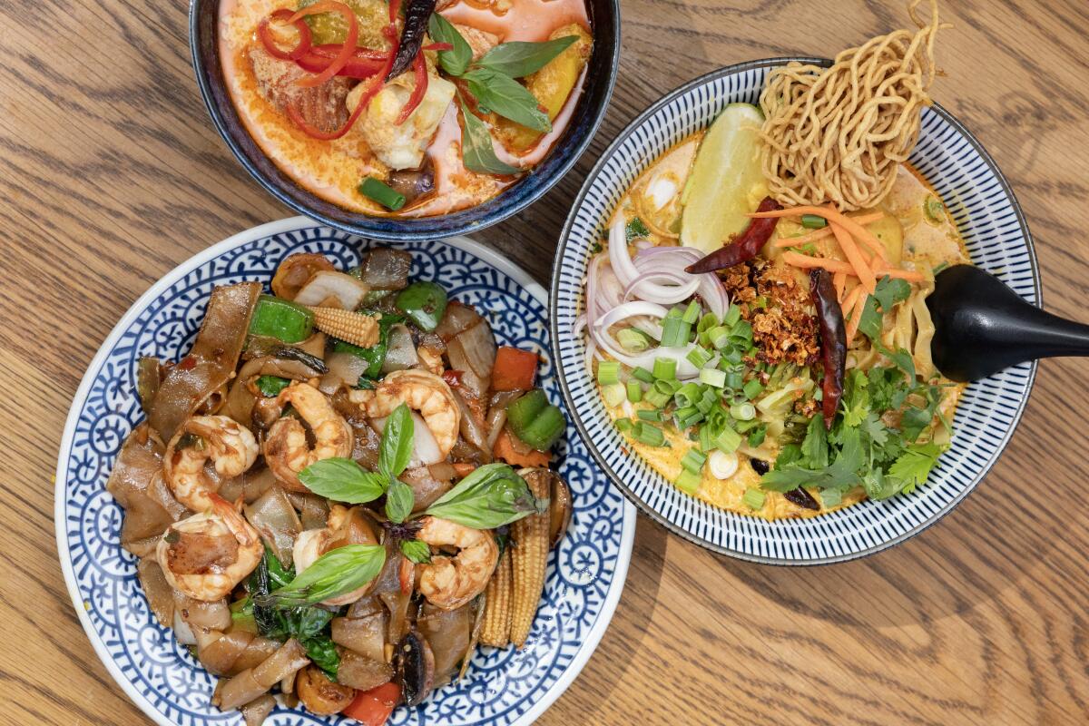 Pumpkin red curry, khao soi and pad kee mow with shrimp at Miya Thai in Altadena.