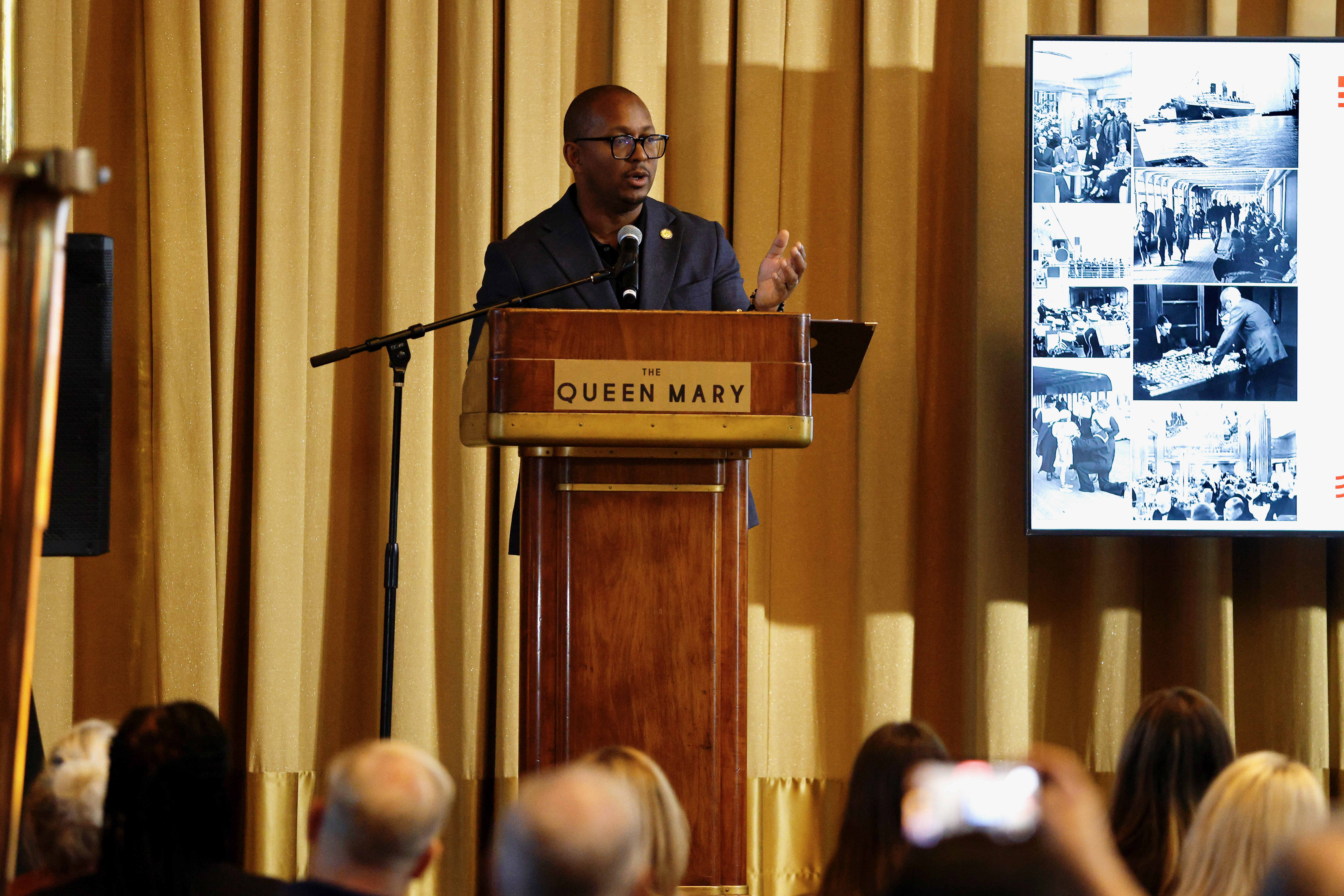 Long Beach Mayor Rex Richardson addresses guests on Wednesday, May...