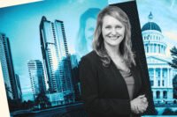 CA Assemblymember Buffy Wicks with a rendering of the Andia project by Bosa and the California State Capitol