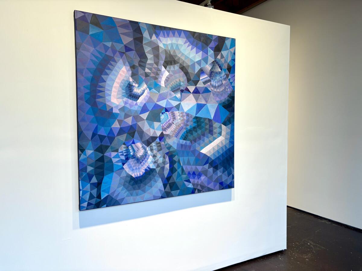 Moncho's practice usings painting as a meditation on mapping, layering color and pattern.