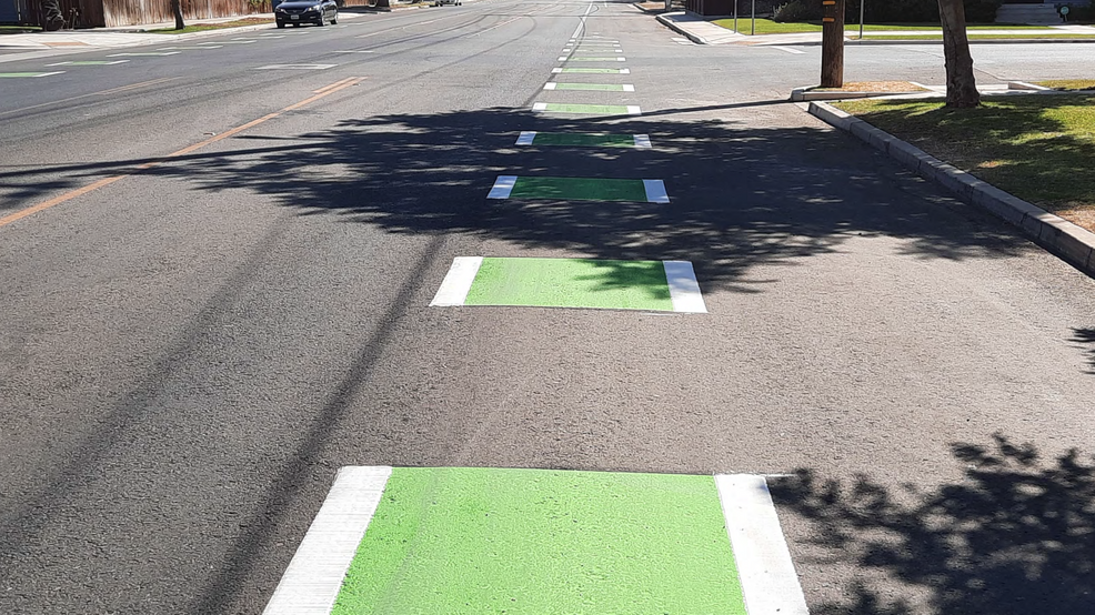 {p}The City of Bakersfield has changed the bike lanes on "A" Street to be bright green. Photo: City of Bakersfield{/p}
