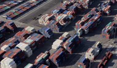 Shipping containers sit on the dock at a container terminal at the Port of Long Beach-Port of Los Angeles complex
