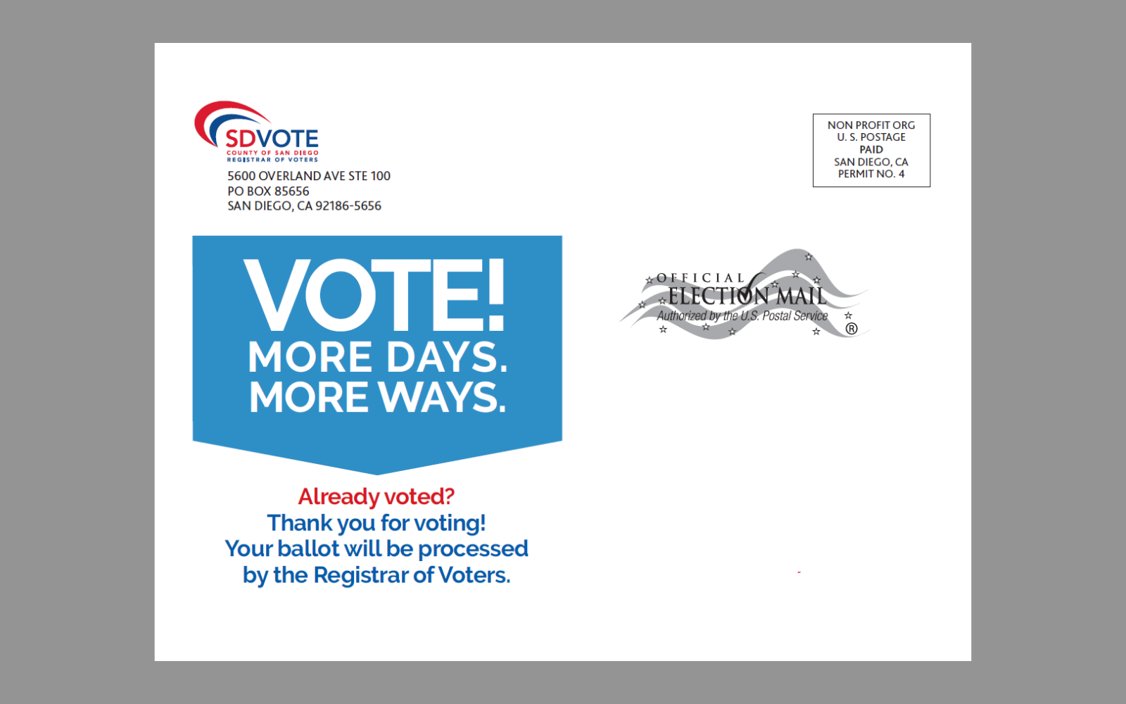Vote early postcard from the Registrar of Voters.