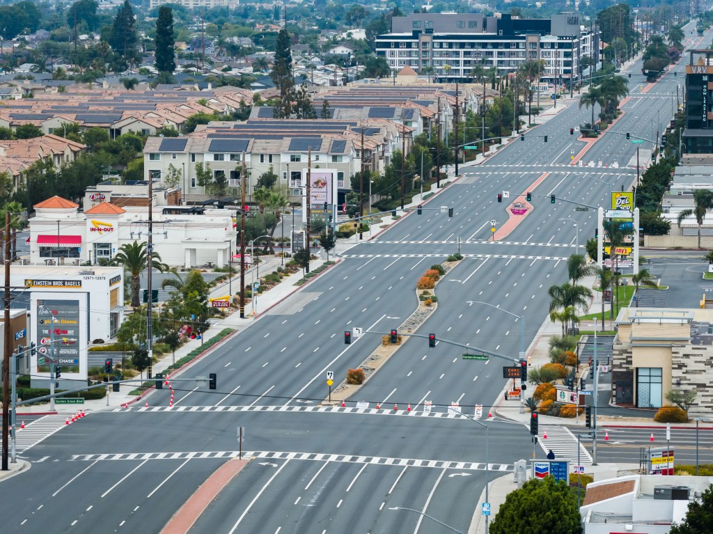 An aerial view of empty streets and buildings in Garden Grove, California, following a chemical tank overheating.