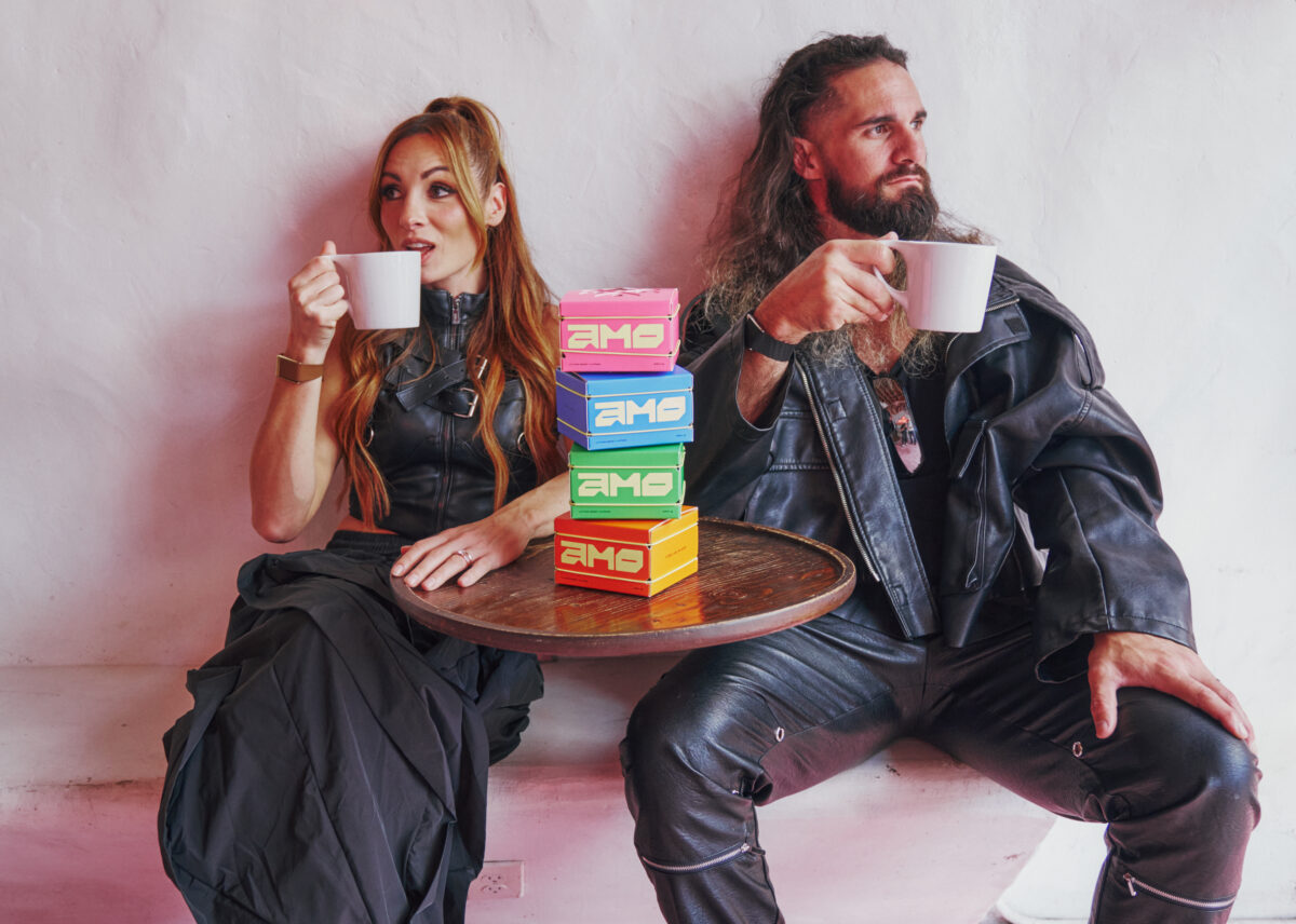 Rebecca Quin and Colby Lopez (otherwise known as WWE’s Becky Lynch and Seth Rollins) sip their coffee brand Amo