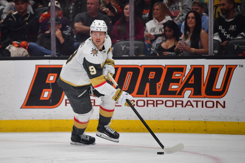 May 8, 2026; Anaheim, California, USA; Vegas Golden Knights center Jack Eichel (9) moves the puck against the Anaheim Ducks during the second period in game three of the second round of the 2026 Stanley Cup Playoffs at Honda Center. Mandatory Credit: Gary A. Vasquez-Imagn Images