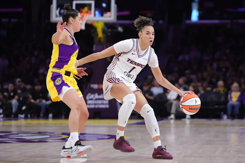 Los Angeles Sparks guard Kelsey Plum (10) defends against Toronto Tempo guard Kiki Rice (1) during a WNBA game on May 17, 2026 in Los Angeles, CA.