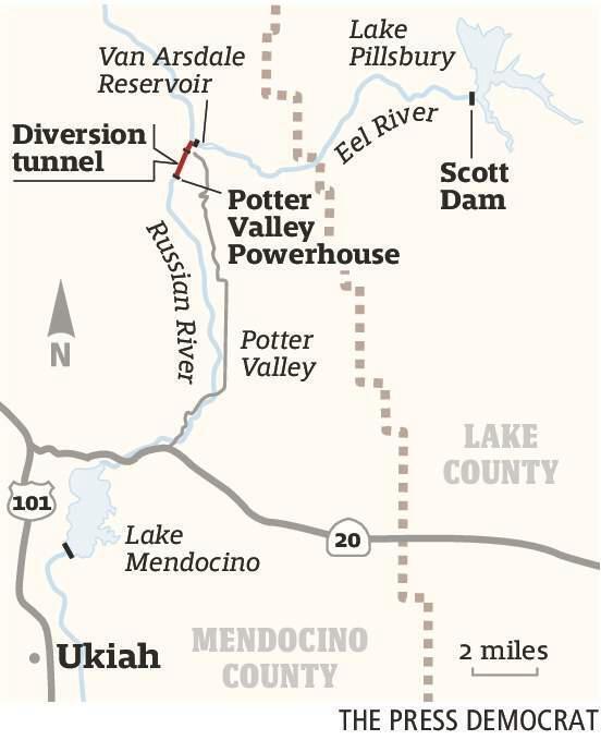 This diagram shows how water from Lake Pillsbury, through Scott Dam, flows downstream toward Cape Horn Dam and Van Arsdale Reservoir, where a portion of the water since 1908 has been diverted through a tunnel and to the Potter Valley Powerhouse into the East Fork of the Russian River and on into Lake Mendocino. The plant's 9.2-megawatt capacity amounted to 0.1% of PG&E's power production in 2017. (Press Democrat)