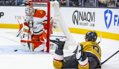 Golden Knights center Jack Eichel (9) is tripped onto the ice as Anaheim Ducks goaltender Lukas ...