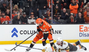 With an empty net, Vegas Golden Knights' Noah Hanifin (15) breaks up a scoring chance by A ...