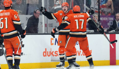 Anaheim Ducks' Beckett Sennecke (45) celebrates his goal against the Vegas Golden Knights ...