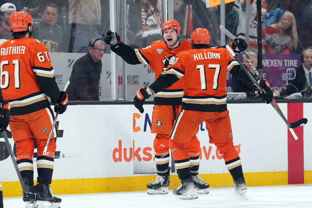 Anaheim Ducks' Beckett Sennecke (45) celebrates his goal against the Vegas Golden Knights ...