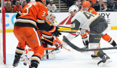 Vegas Golden Knights' Tomas Hertl (48) fails to score against Anaheim Ducks' goaltend ...