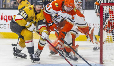 Golden Knights center Tomas Hertl (48) attempts to shoot close in against Anaheim Ducks left wi ...