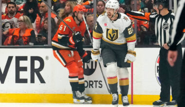 Vegas Golden Knights defenseman Shea Theodore, right, celeb rates his goal as Anaheim Ducks lef ...