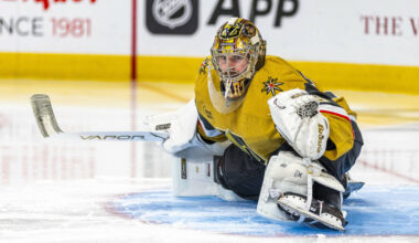 Golden Knights goaltender Carter Hart (79) stretches as he readies to battle the Anaheim Ducks ...