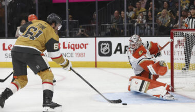 Golden Knights right wing Mark Stone (61) shoots against Anaheim Ducks goaltender Lukas Dostal ...
