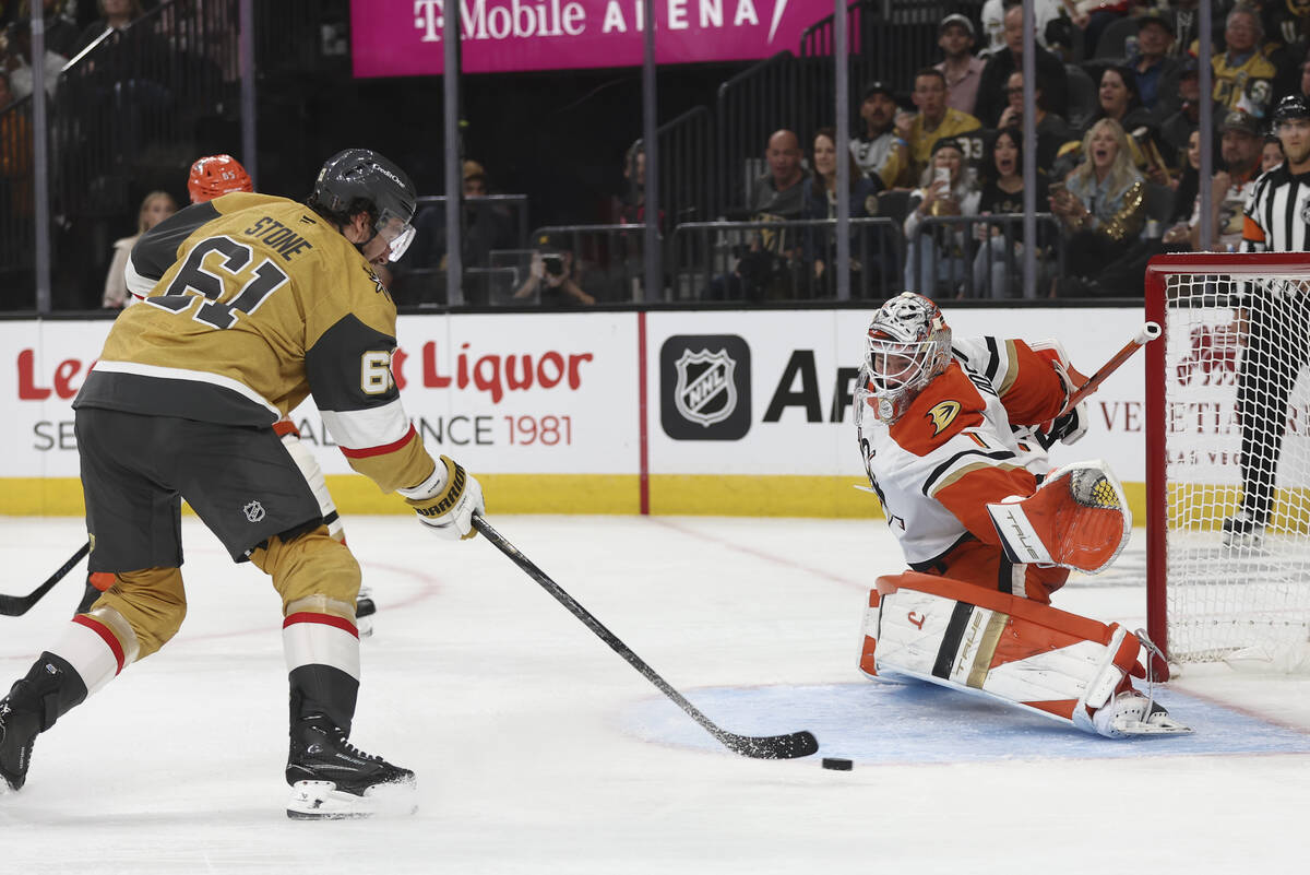 Golden Knights right wing Mark Stone (61) shoots against Anaheim Ducks goaltender Lukas Dostal ...