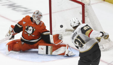 Golden Knights center Brett Howden (21) scores a goal past Anaheim Ducks goaltender Lukas Dosta ...
