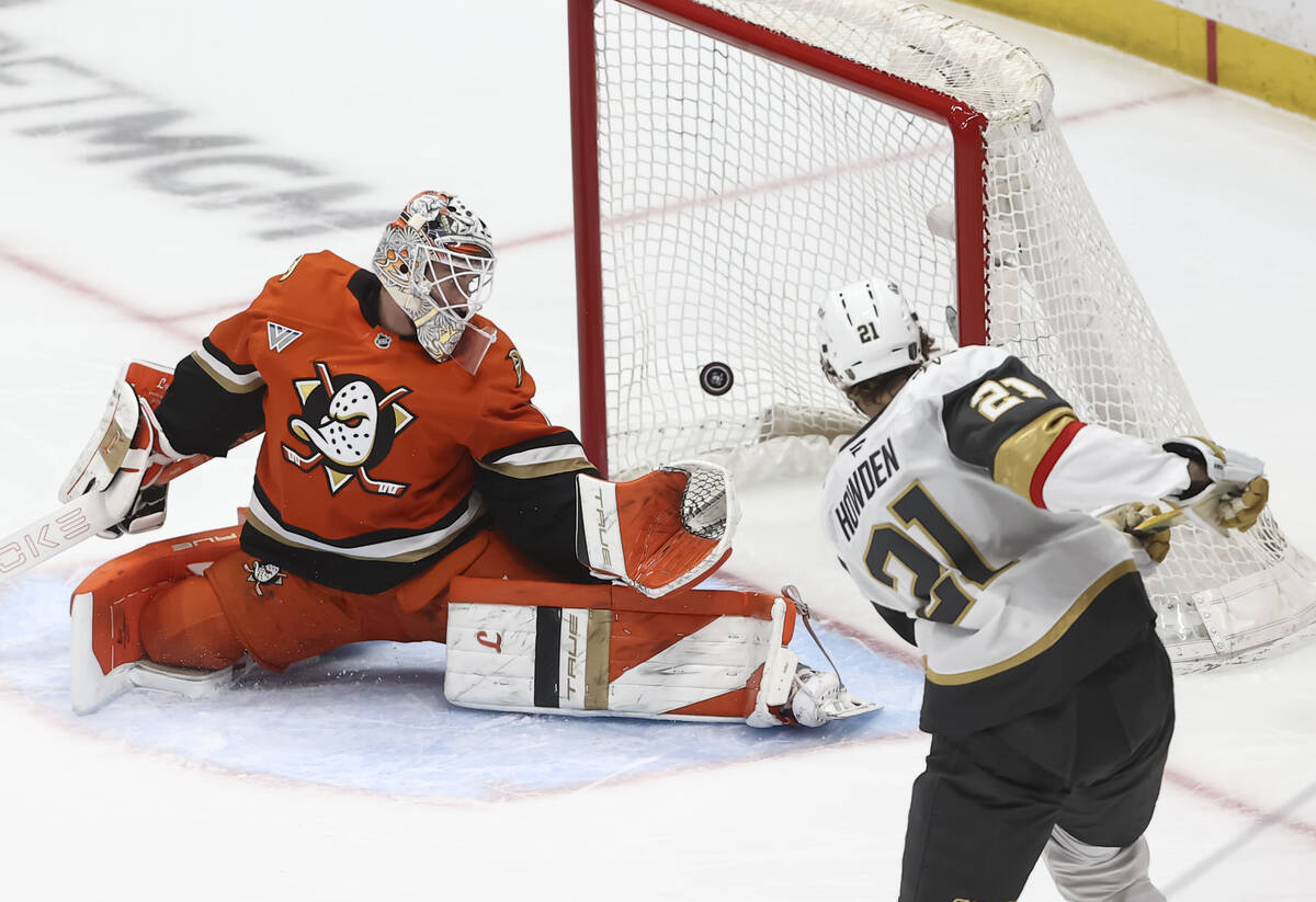 Golden Knights center Brett Howden (21) scores a goal past Anaheim Ducks goaltender Lukas Dosta ...