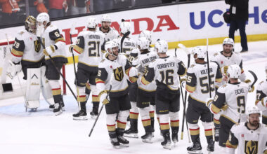 The Golden Knights celebrate after winning their NHL hockey Stanley Cup second-round playoff se ...