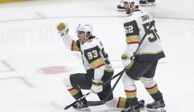 Golden Knights right wing Mitch Marner (93) celebrates his goal against the Anaheim Ducks durin ...