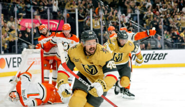 Vegas Golden Knights center Tomas Hertl (48) and left wing Brandon Saad (20) celebrate after He ...