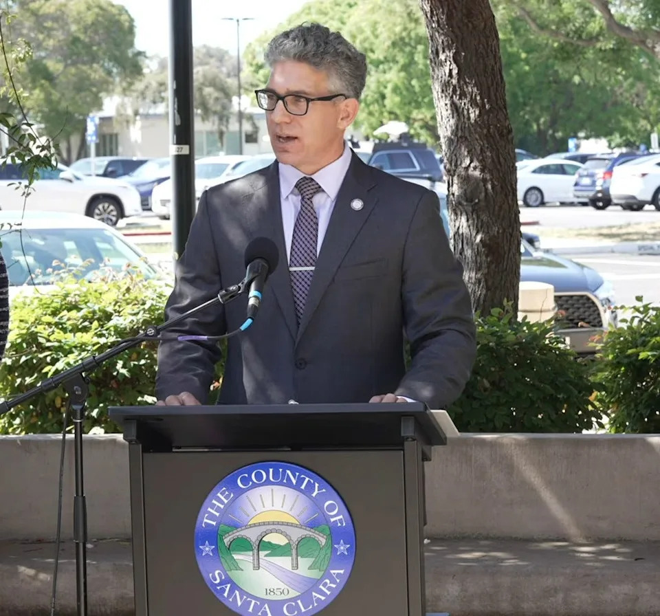 A screenshot of Santa Clara County's lawsuit announcement, of County Counsel Tony LoPresti speaking about the lawsuit the county filed against Meta Platforms Inc. on Monday, May 11, 2026, in Santa Clara, California.