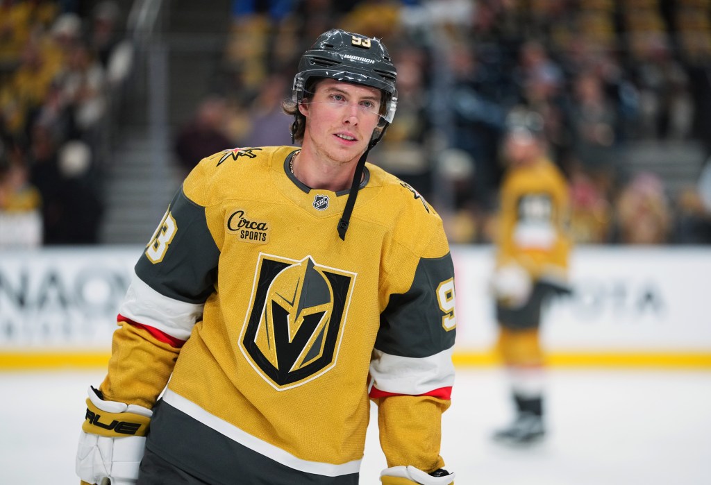 LAS VEGAS, NEVADA - APRIL 29: Mitch Marner #93 of the Vegas Golden Knights warms up before Game Five of the First Round of the 2026 Stanley Cup Playoffs against the Utah Mammoth at T-Mobile Arena on April 29, 2026 in Las Vegas, Nevada. (Photo by Jeff Bottari/NHLI via Getty Images)