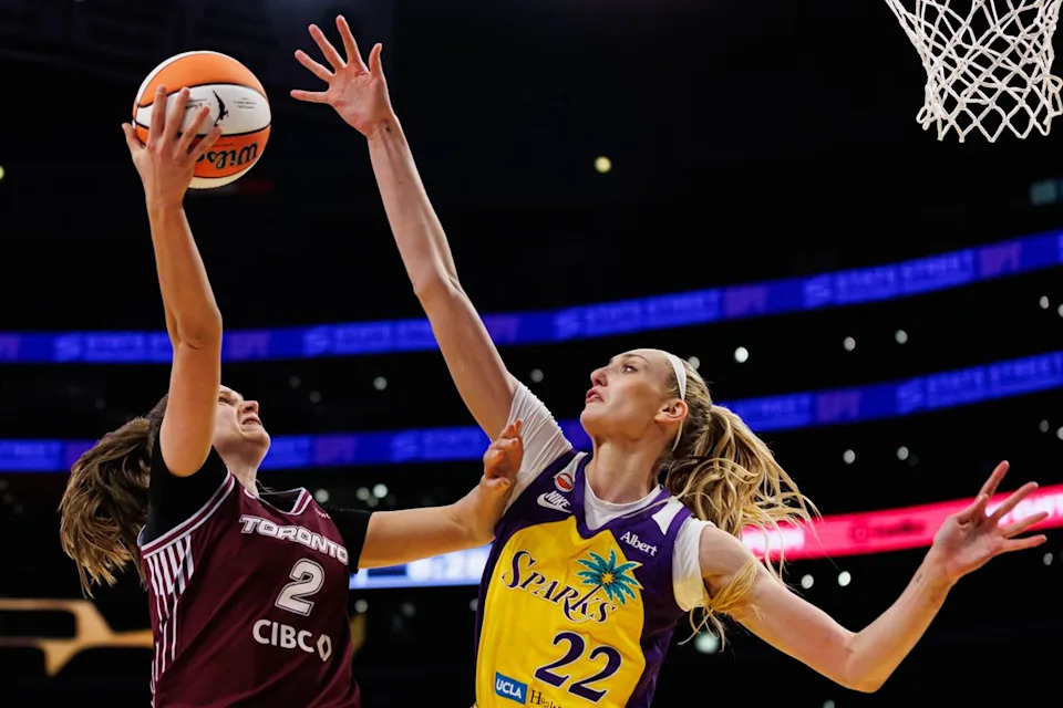 Cameron Brink #22 of the Los Angeles Sparks blocks the ball during a WNBA game against the Toronto Tempo on May 15, 2026 at Crypto.com Arena in Los Angeles, California.