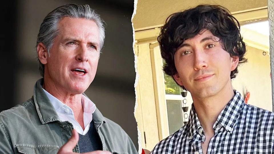 Gavin Newsom, left, pictured alongside Connor Lopez, right
