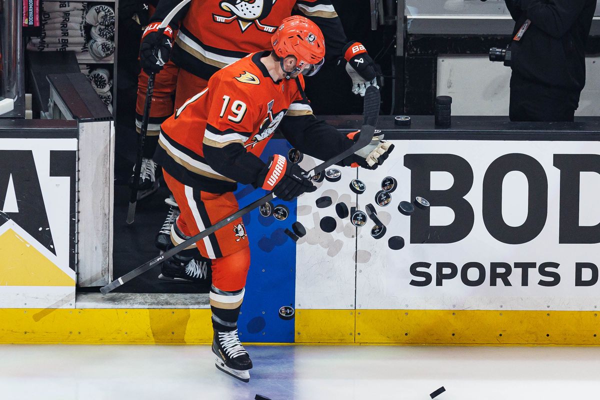 Troy Terry #19 of the Anaheim Ducks knocks over the pucks for warmups before an NHL Stanley Cup Playoffs match against the Vegas Golden Knights on May 8, 2026 at Honda Center in Anaheim, California. Troy Terry #19 of the Anaheim Ducks knocks over the pucks for warmups before an NHL Stanley Cup Playoffs match against the Vegas Golden Knights on May 8, 2026 at Honda Center in Anaheim, California.