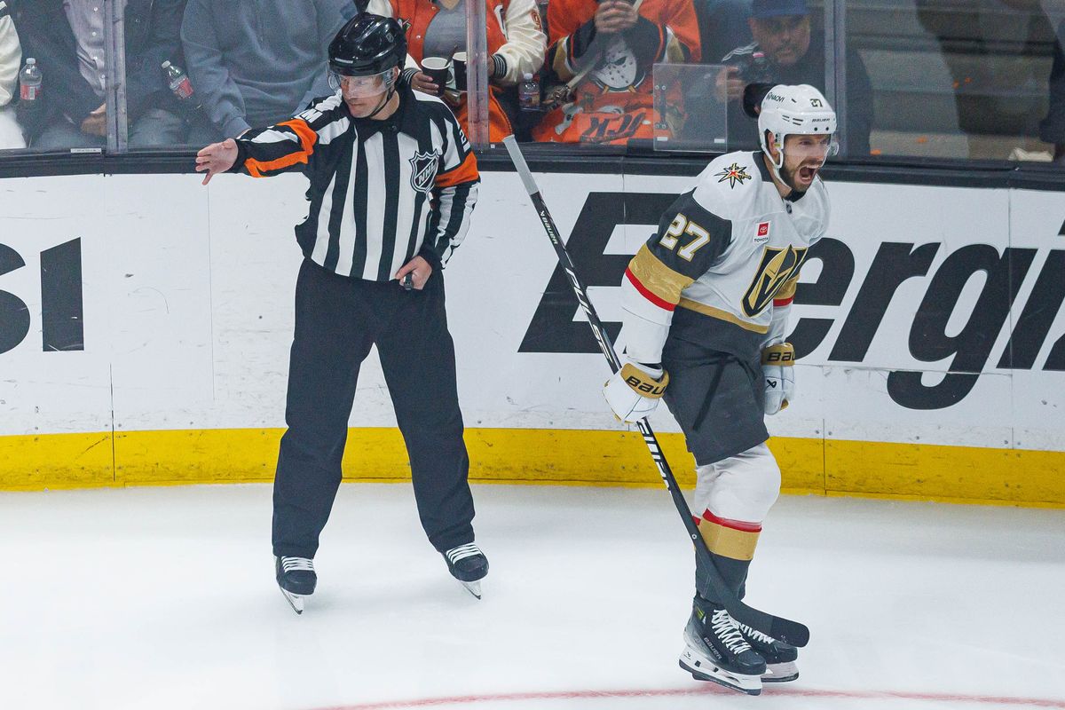 Shea Theodore #27 of the Vegas Golden Knights celebrates after scoring a goal during an NHL Stanley Cup Playoffs match against the Anaheim Ducks on May 8, 2026 at Honda Center in Anaheim, California. Shea Theodore #27 of the Vegas Golden Knights celebrates after scoring a goal during an NHL Stanley Cup Playoffs match against the Anaheim Ducks on May 8, 2026 at Honda Center in Anaheim, California.