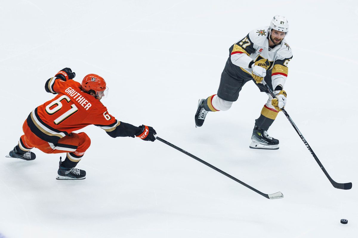 Shea Theodore #27 of the Vegas Golden Knights passes the puck during an NHL Stanley Cup Playoffs match against the Anaheim Ducks on May 8, 2026 at Honda Center in Anaheim, California. Shea Theodore #27 of the Vegas Golden Knights passes the puck during an NHL Stanley Cup Playoffs match against the Anaheim Ducks on May 8, 2026 at Honda Center in Anaheim, California.
