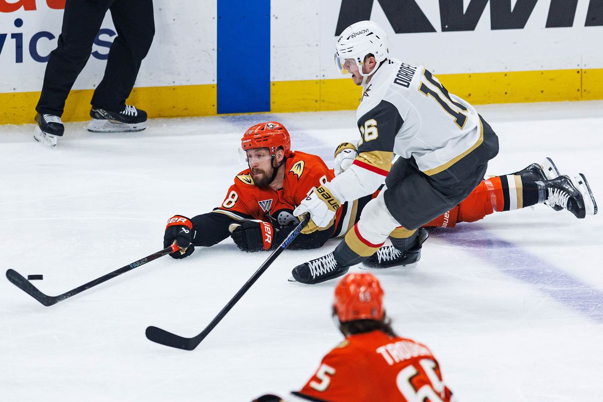Jeffrey Viel #28 of the Anaheim Ducks dives for the puck during an NHL Stanley Cup Playoffs match against the Vegas Golden Knights on May 8, 2026 at Honda Center in Anaheim, California. Jeffrey Viel #28 of the Anaheim Ducks dives for the puck during an NHL Stanley Cup Playoffs match against the Vegas Golden Knights on May 8, 2026 at Honda Center in Anaheim, California.