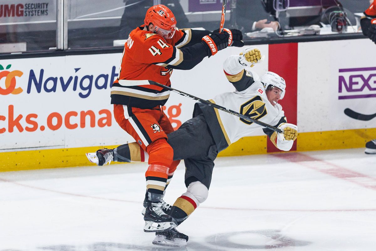 Ross Johnston #44 of the Anaheim Ducks records a hit during an NHL Stanley Cup Playoffs match against the Vegas Golden Knights on May 8, 2026 at Honda Center in Anaheim, California. Ross Johnston #44 of the Anaheim Ducks records a hit during an NHL Stanley Cup Playoffs match against the Vegas Golden Knights on May 8, 2026 at Honda Center in Anaheim, California.