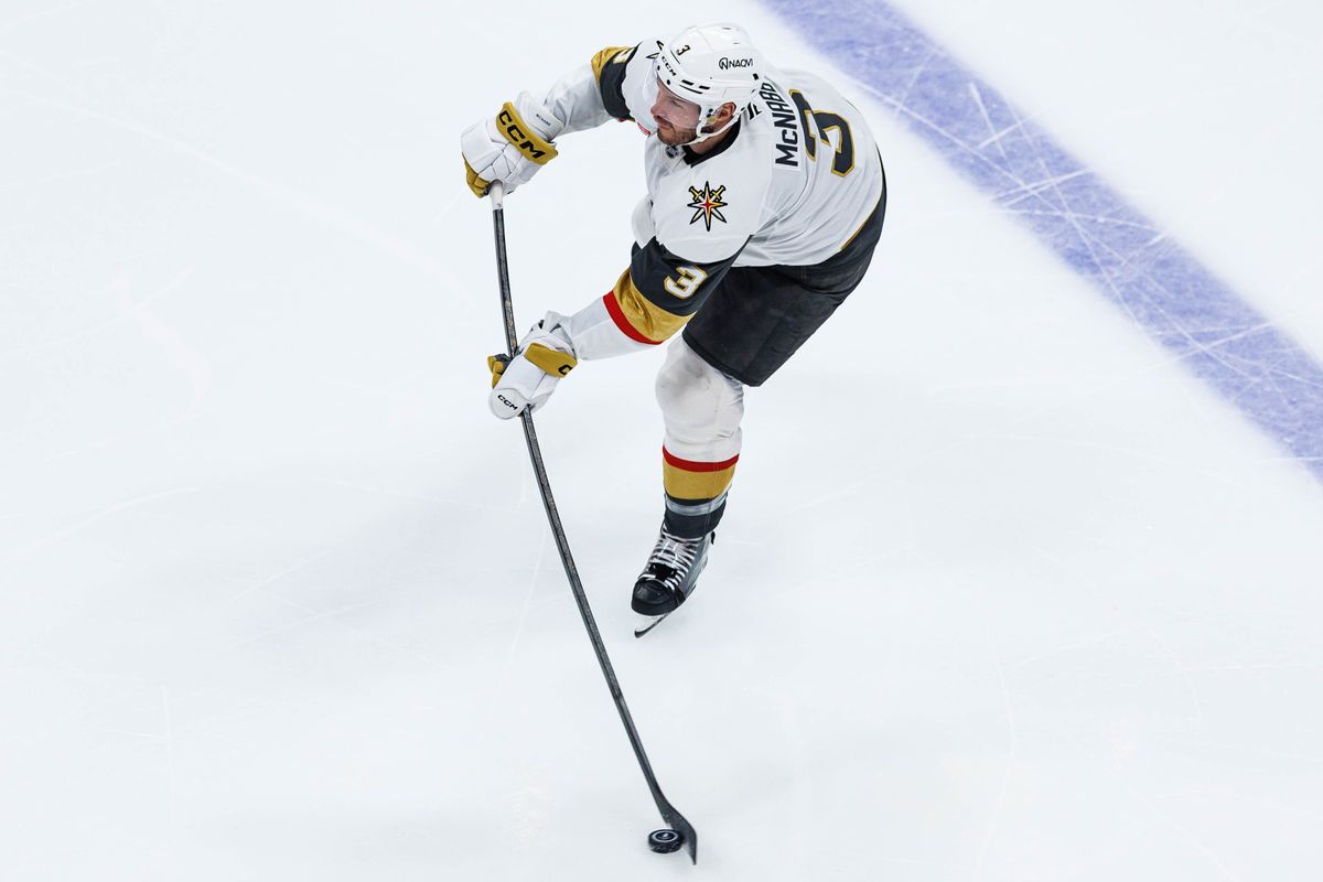 Brayden McNabb #3 of the Vegas Golden Knights passes the puck during an NHL Stanley Cup Playoffs match against the Anaheim Ducks on May 8, 2026 at Honda Center in Anaheim, California. Brayden McNabb #3 of the Vegas Golden Knights passes the puck during an NHL Stanley Cup Playoffs match against the Anaheim Ducks on May 8, 2026 at Honda Center in Anaheim, California.