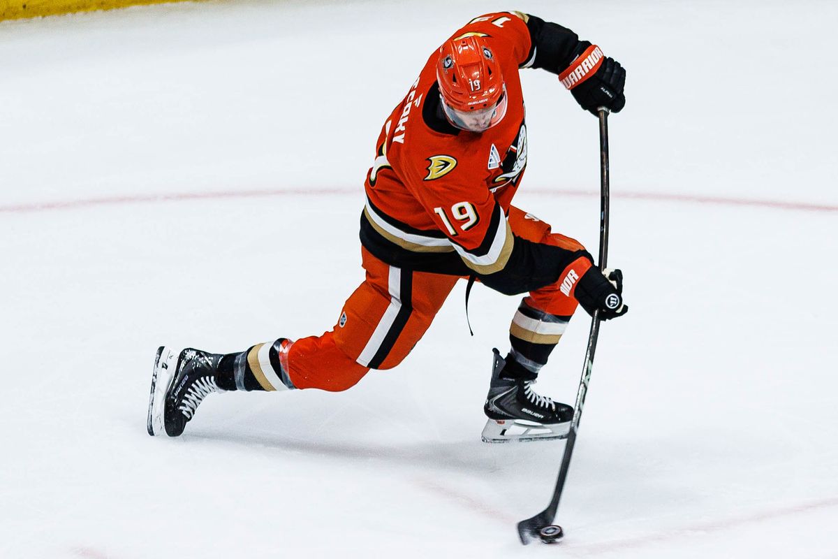 Troy Terry #19 of the Anaheim Ducks shoots the puck during an NHL Stanley Cup Playoffs match against the Vegas Golden Knights on May 8, 2026 at Honda Center in Anaheim, California. Troy Terry #19 of the Anaheim Ducks shoots the puck during an NHL Stanley Cup Playoffs match against the Vegas Golden Knights on May 8, 2026 at Honda Center in Anaheim, California.