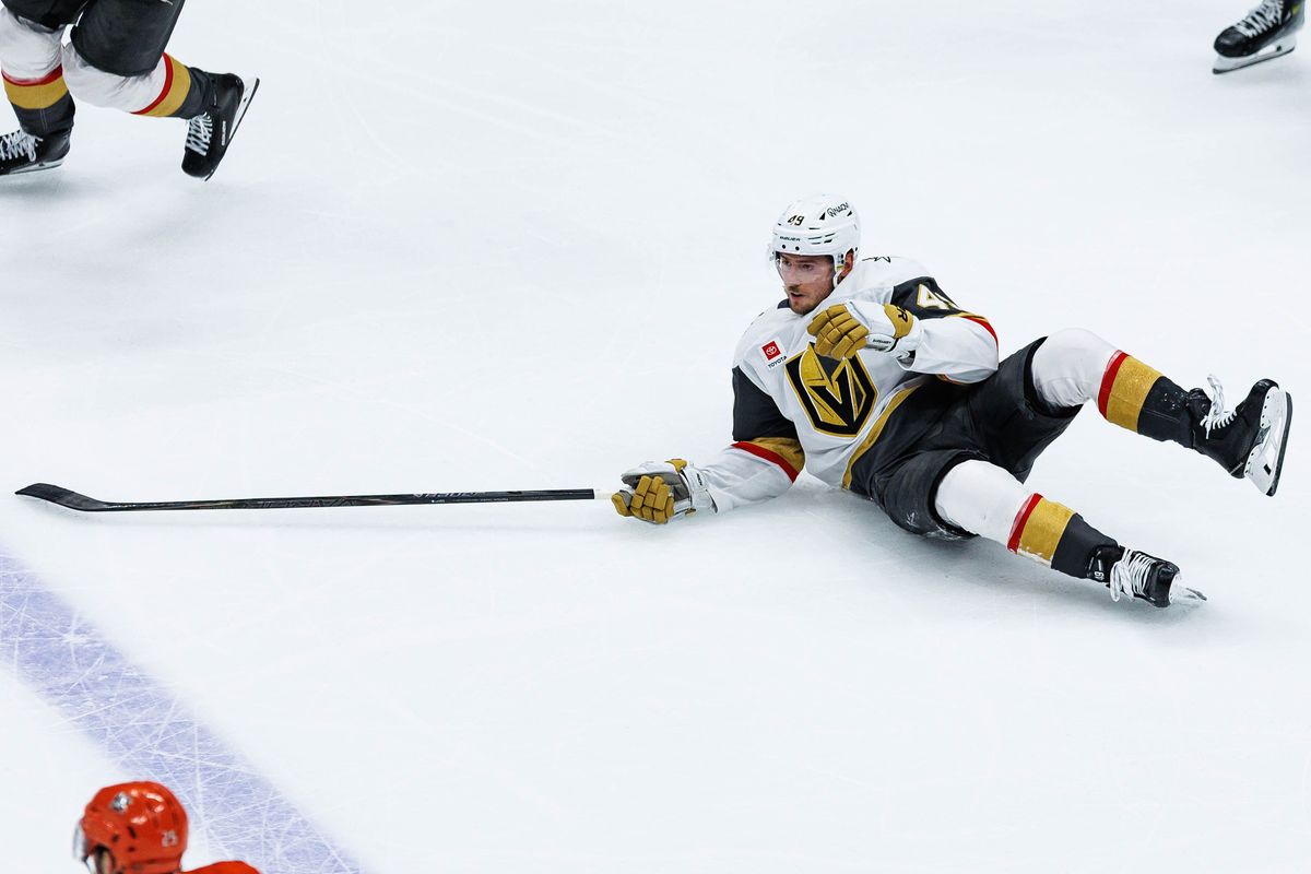 Ivan Barbashev #49 of the Vegas Golden Knights falls to the ice during an NHL Stanley Cup Playoffs match against the Anaheim Ducks on May 8, 2026 at Honda Center in Anaheim, California. Ivan Barbashev #49 of the Vegas Golden Knights falls to the ice during an NHL Stanley Cup Playoffs match against the Anaheim Ducks on May 8, 2026 at Honda Center in Anaheim, California.