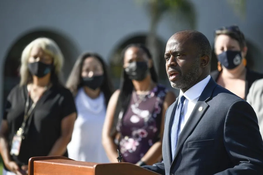 <em>California State Superintendent of Public Instruction Tony Thurmond speaks outside of Enrique S. Camarena Elementary School on the first day of school, Wednesday, July 21, 2021, in Chula Vista, Calif. (AP Photo/Denis Poroy)</em>