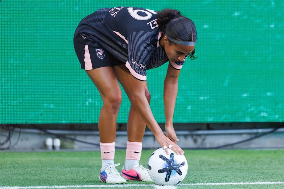 Taylor Suarez #99 of Angel City FC prepares for a corner kick during an NWSL match against the Utah Royals on May 2, 2026 at BMO Stadium in Los Angeles, California.