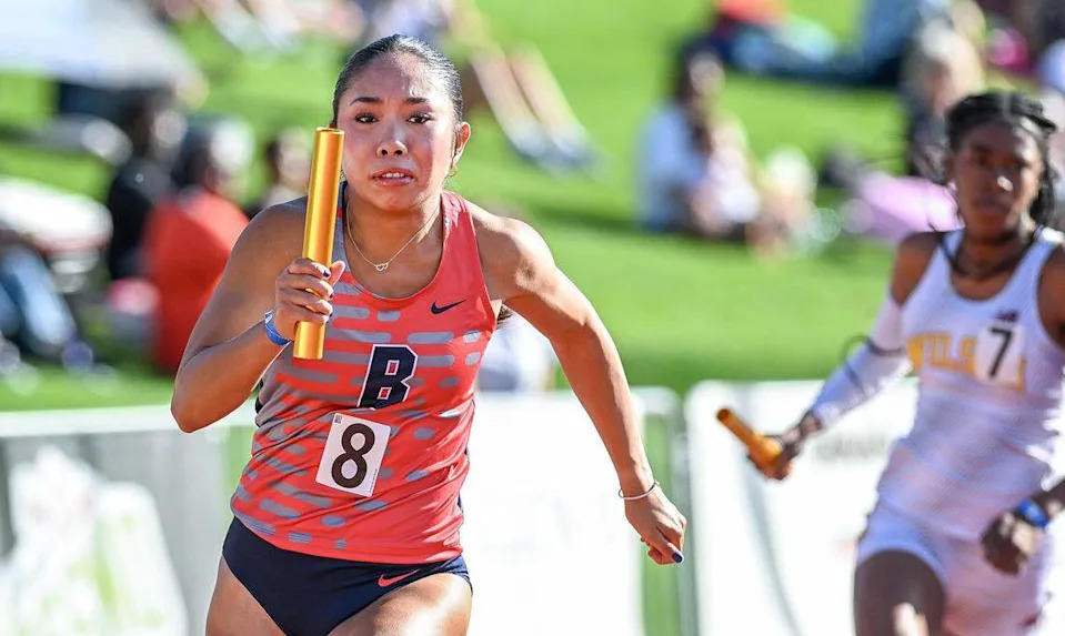 Buchanan's Madison Amrong starts the lead-off leg for the Bears in the girls' 4x100 relay during the CIF state track and field championships at Veterans Memorial Stadium in Clovis on Saturday, May 30, 2026.