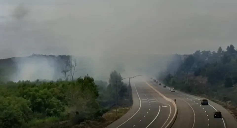 <em>The scene of a fire along SR-76 in North County. (Caltrans camera)</em>