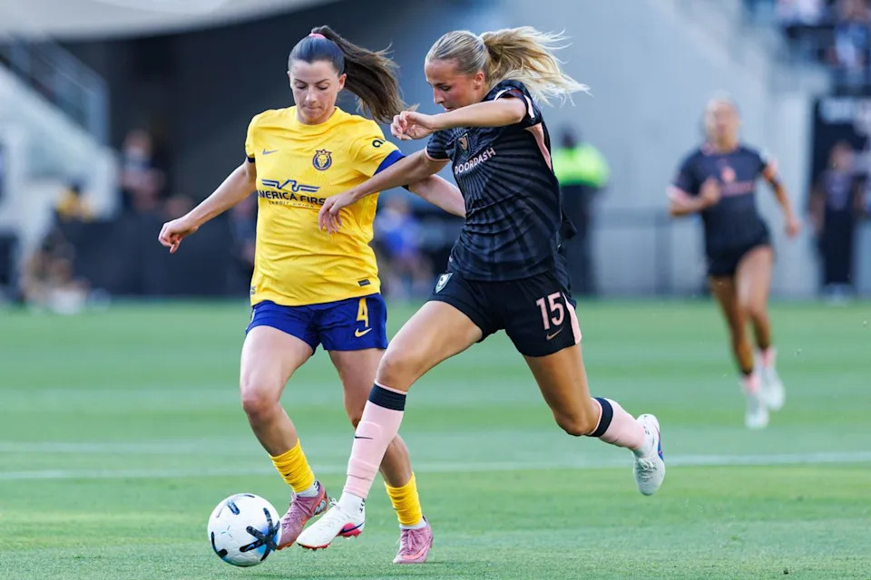 Evelyn Shores #15 of Angel City FC defends the ball during an NWSL match against the Utah Royals on May 2, 2026 at BMO Stadium in Los Angeles, California.