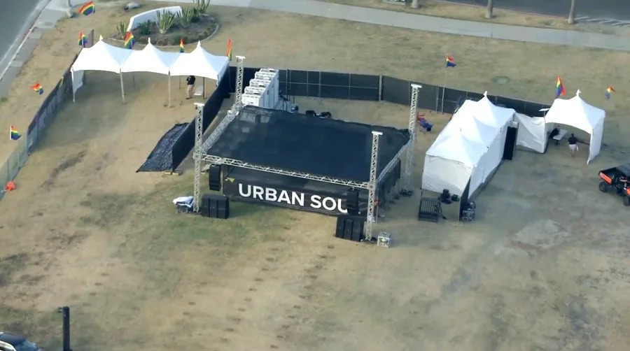 Sky5 aerial views showed the empty grounds of the Long Beach Pride Festival after it was cancelled on May 15, 2026. (KTLA)