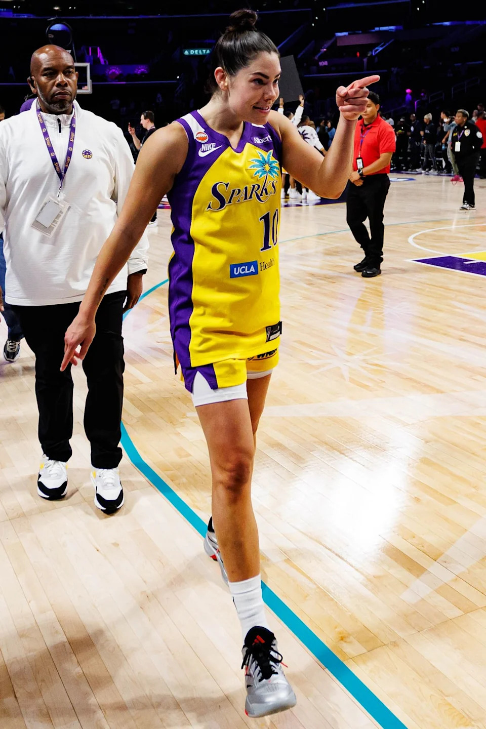 Kelsey Plum #10 of the Los Angeles Sparks interacts with the crowd after a WNBA game against the Toronto Tempo on May 15, 2026 at Crypto.com Arena in Los Angeles, California.