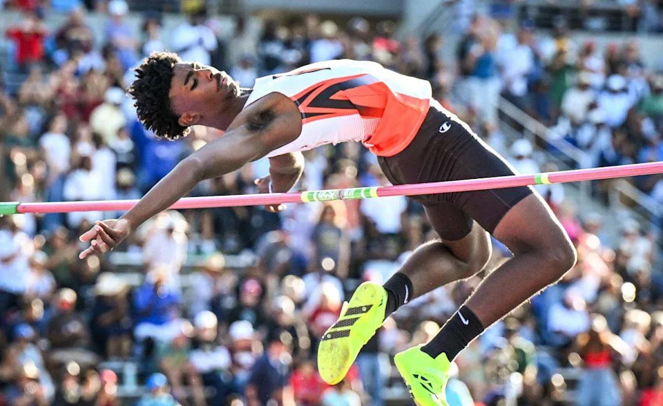 Central East's Davion Cockheran attempts a jump in the boys' high jump during the CIF state track and field championships at Veterans Memorial Stadium in Clovis on Saturday, May 30, 2026.