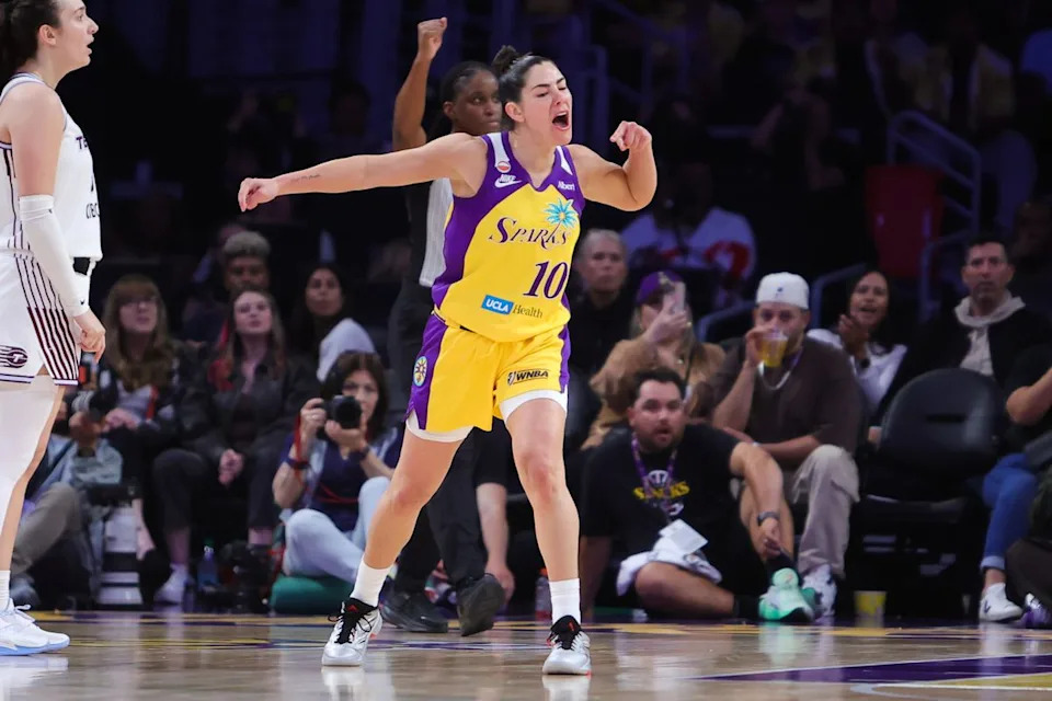 Los Angeles Sparks guard Kelsey Plum (10) celebrates an and one basket during a WNBA game against the Toronto Tempo on May 17, 2026 in Los Angeles, CA.